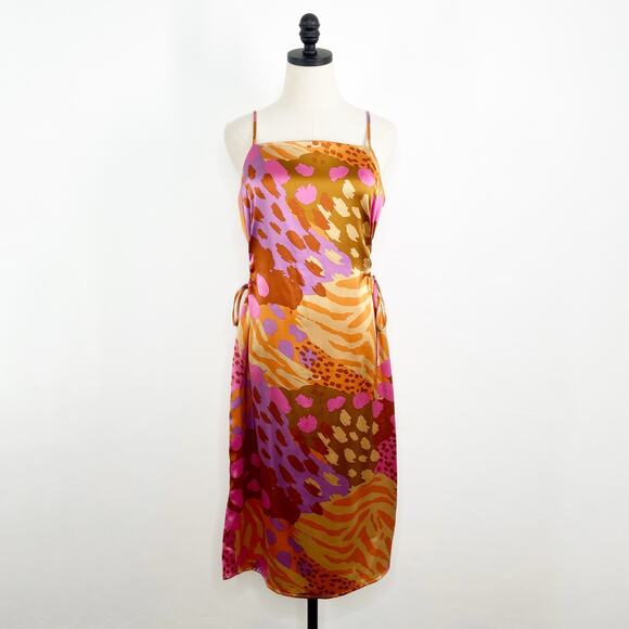 NWT Christian Lacroix Satin Printed Midi Dress Gold Pink Slip Party Vegas Size L - Picture 3 of 16